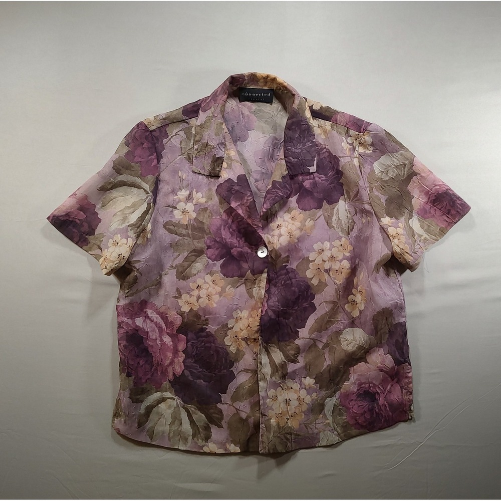 Connected Apparel Purple Floral Sheer V-Neck Blouse Short Sleeve Medium